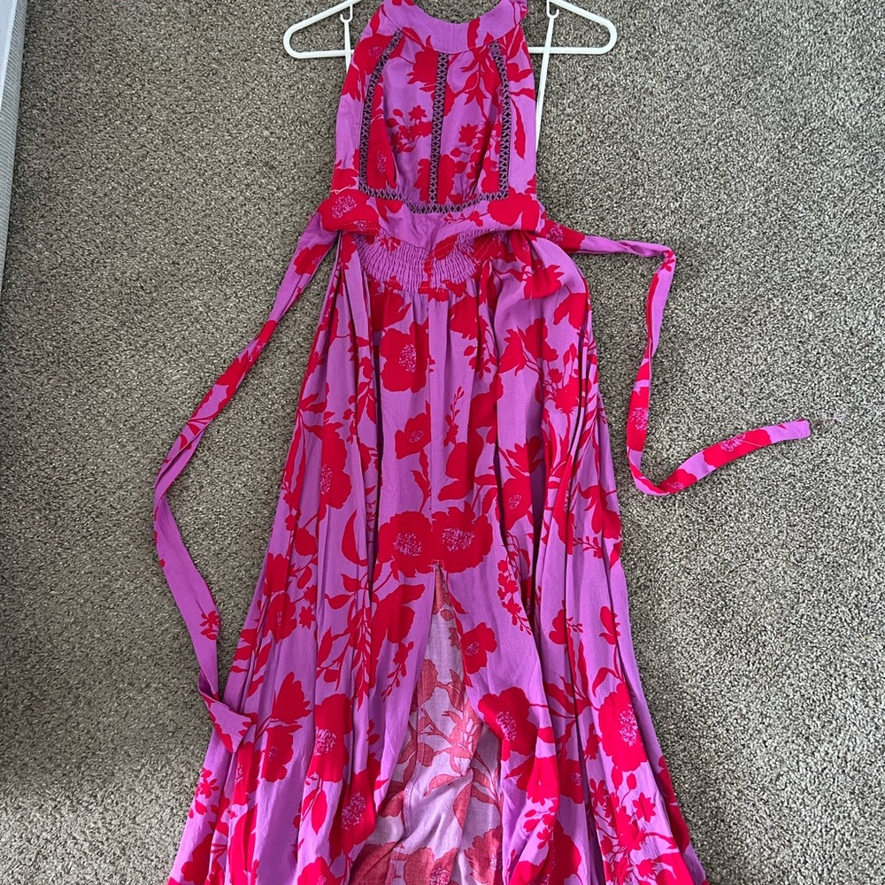 Abel The Label Red/Purple Floral Boho Maxi Halter Dress Medium